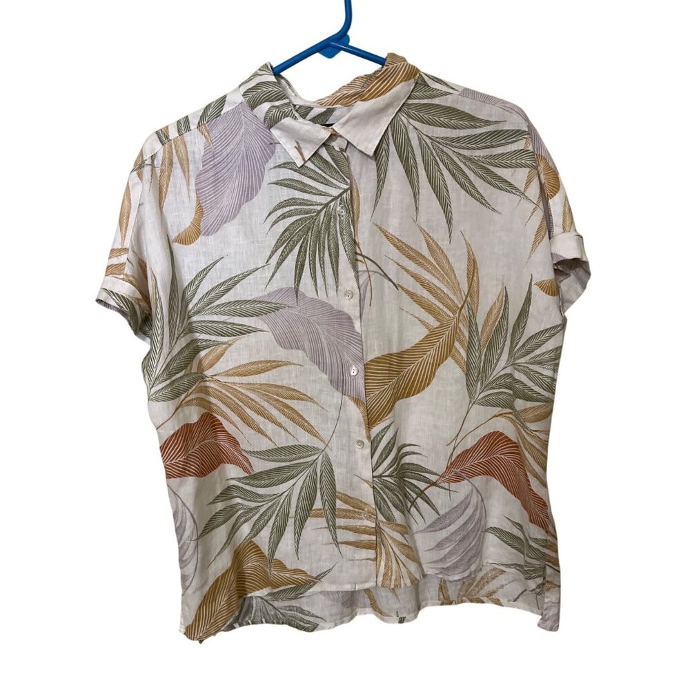 Tahari Womens Linen‎ Shirt M Tropical l Short Sleeve Button-Up Resort Vacation